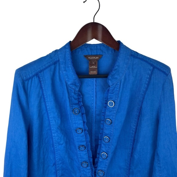 Multiples | Royal Blue Ruffle Linen Open Blazer - Picture 3 of 7
